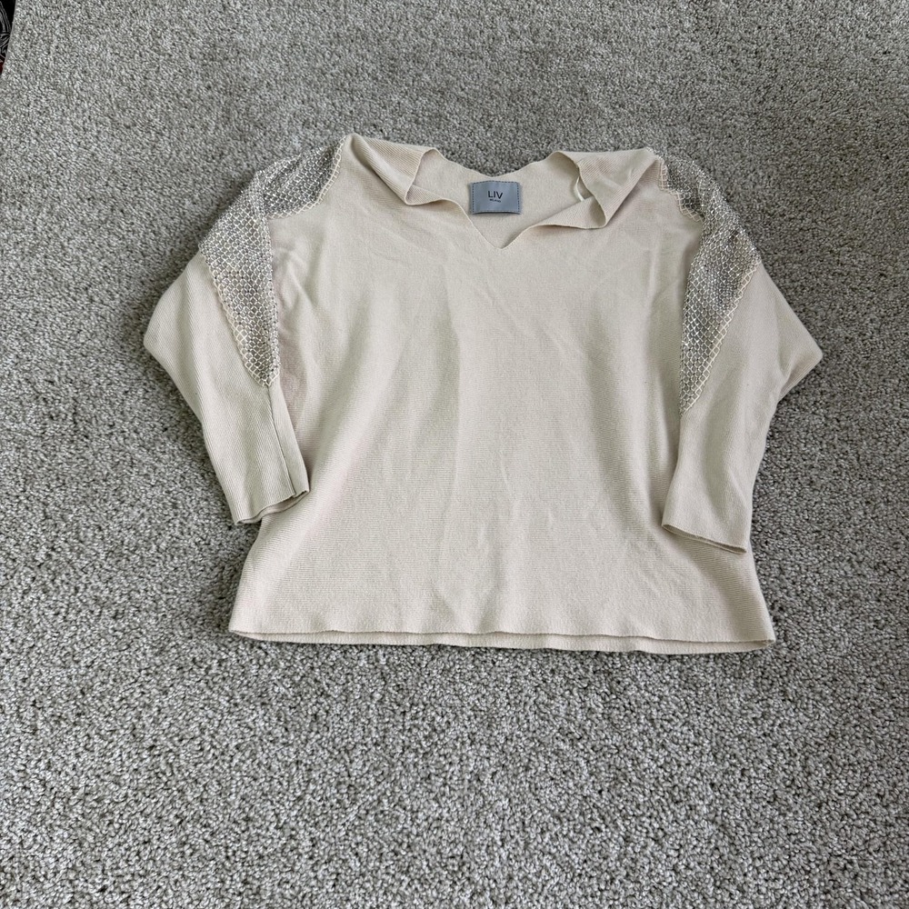 Liv Milano Sweater Womens Medium Beige Cowl TightKnit Rhinestone Sleeve Pullover